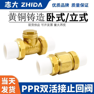 铜止回阀PPR铜卧立式双活接单向阀逆止自来水管表4/6分DN20/25/32