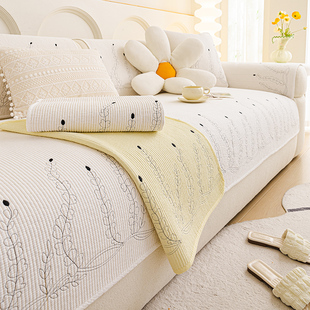 奶油风纯色沙发垫四季纯棉布艺防滑北欧全棉坐垫通用现代沙发套巾