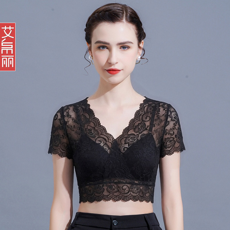 V领短袖蕾丝衫女性感镂空打底衫图片