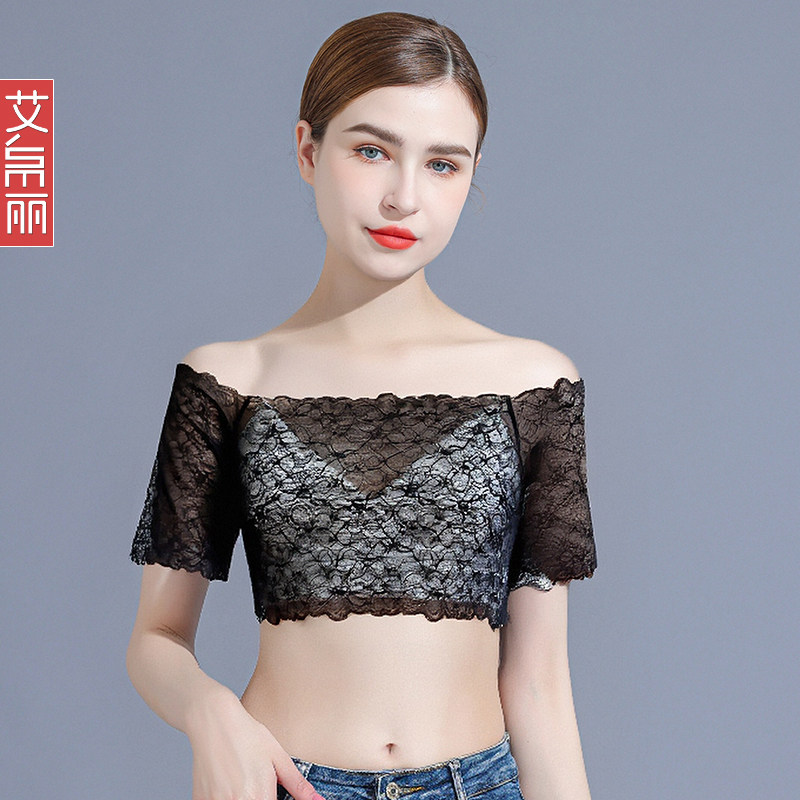 高级感抹胸短款蕾丝衫黑色蕾丝一字肩插肩打底防走光遮肩膀拜拜肉