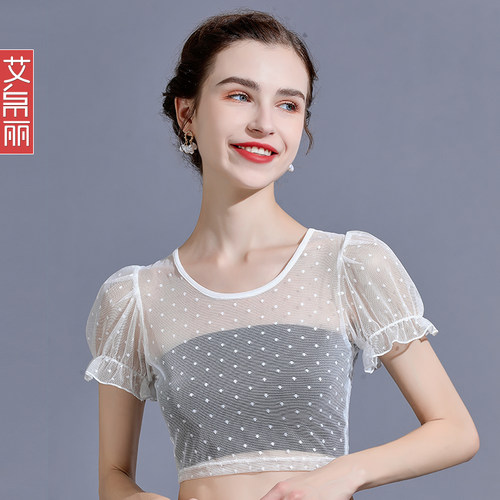 T恤少女泡泡袖薄纱短款内搭蕾丝