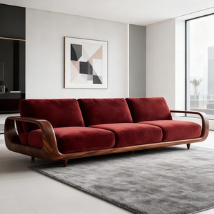 新中式实木沙发客厅黑胡桃木休闲轻奢家具禅意高端直排三人位沙发