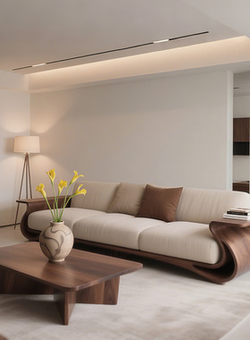 新中式直排沙发黑胡桃实木罗汉床日式侘寂风布艺客厅沙发家具定制