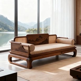 宋式美学黑胡桃木罗汉床实木禅意山水画沙发床新中式客厅家具定制