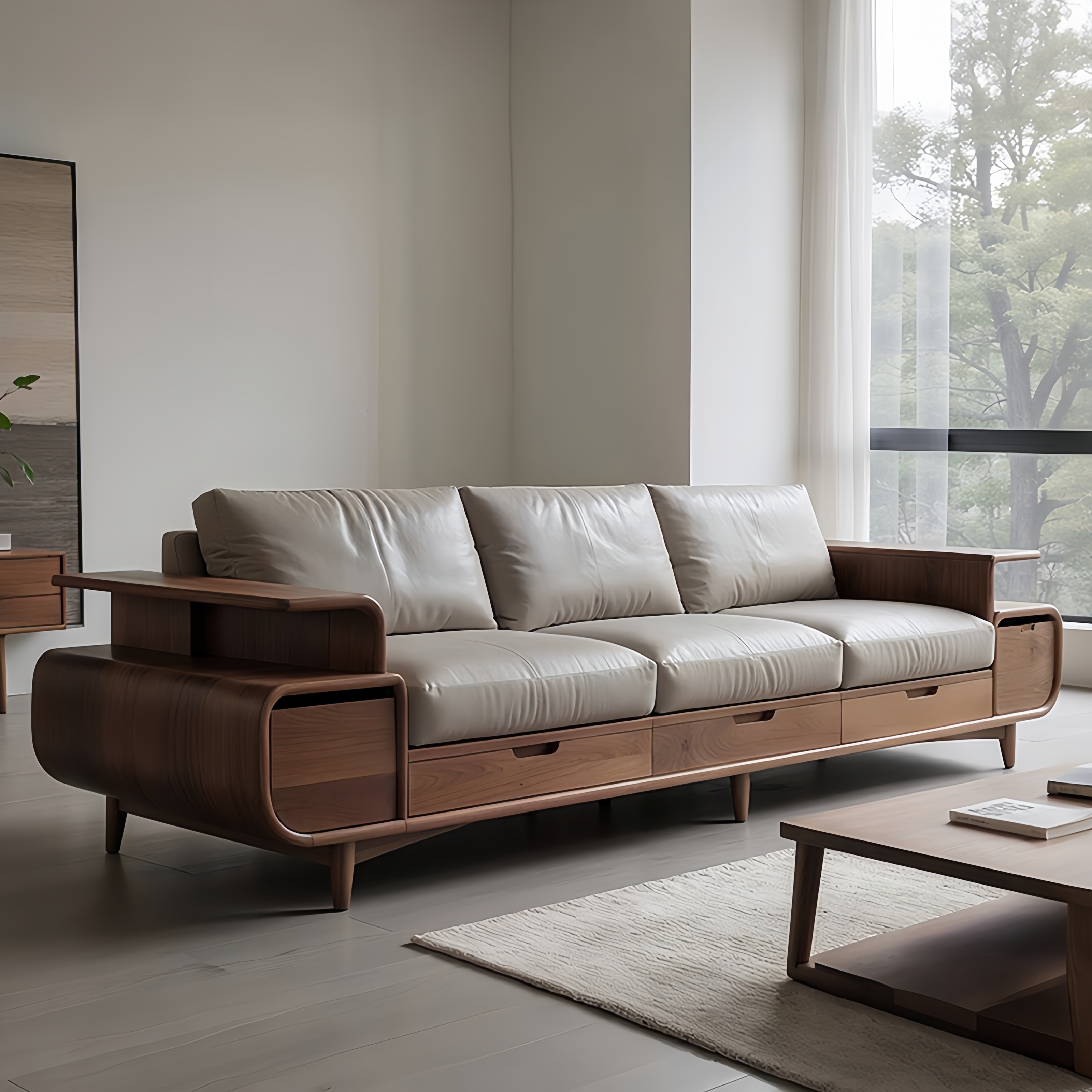 现代简约黑胡桃木实木沙发三人位储物沙发客厅家具米白色皮质沙发