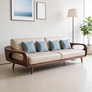 意式极简布艺实木沙发2025新款客厅现代简约黑胡桃木直排接待沙发