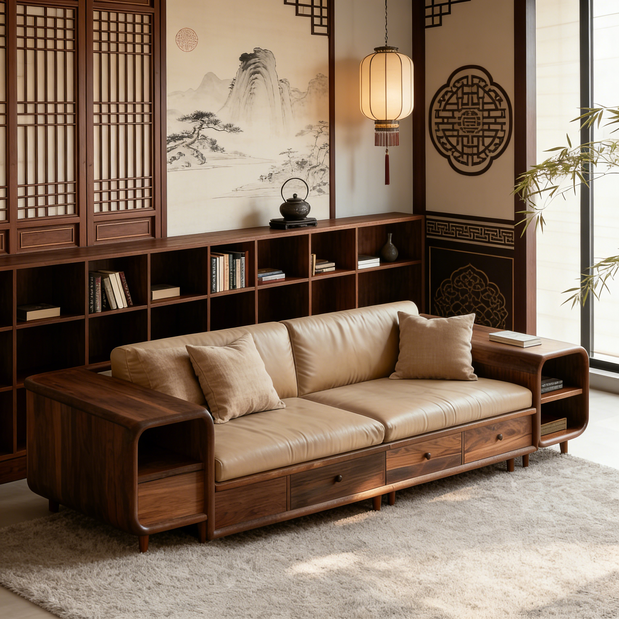 新中式实木沙发中古风客厅冬夏两用储物三四人位直排黑胡桃木沙发