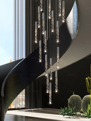 水晶斜纹条形吊灯别墅轻豪华现代飞跃客厅旋转空心楼梯覆式地板大