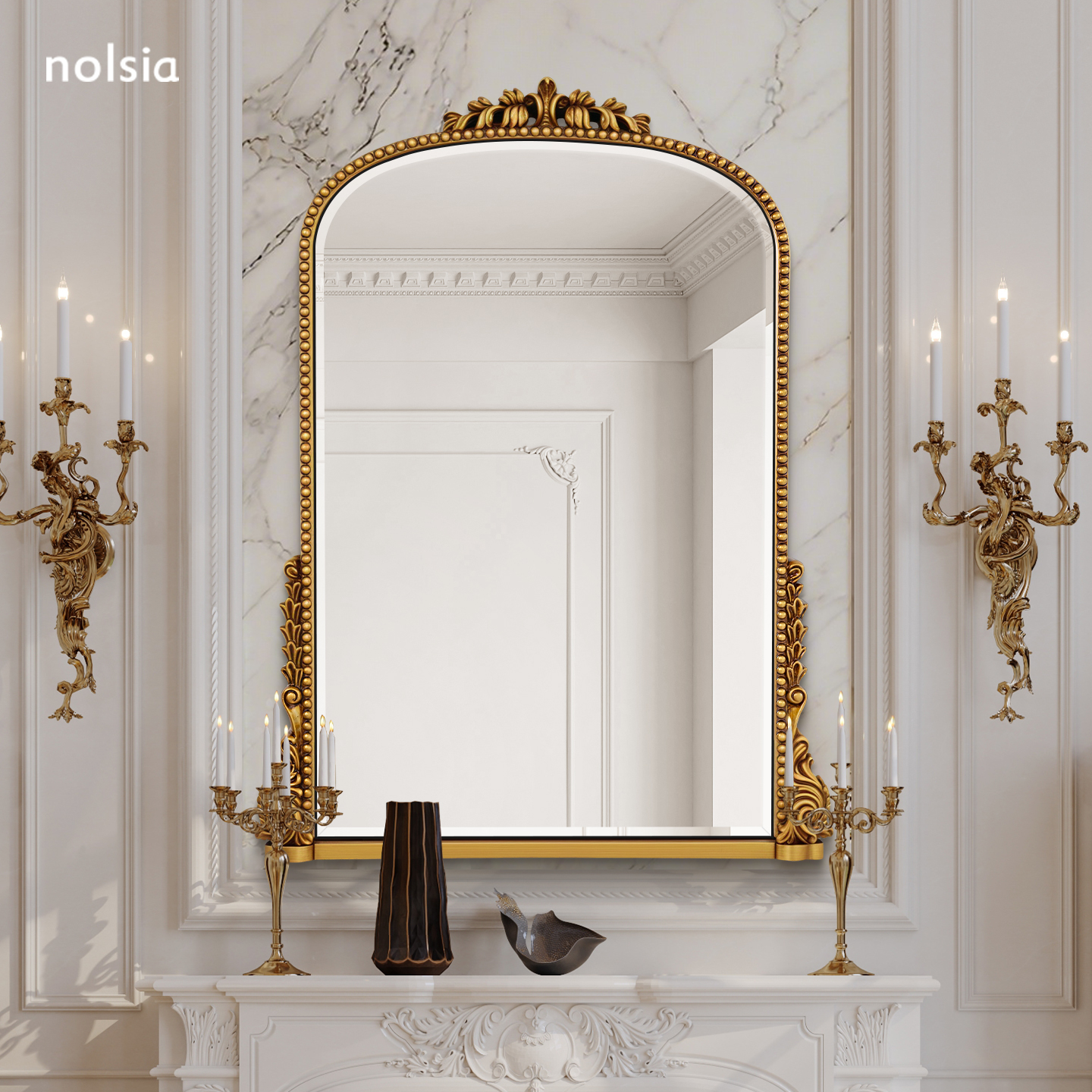 欧式雕花拱形镜子挂墙复古卫生间法式金色化妆镜壁挂洗面台梳妆镜