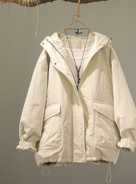 连帽宽松气质显瘦加厚棉服冬装新品简约工装范纯色保暖外套袄子女