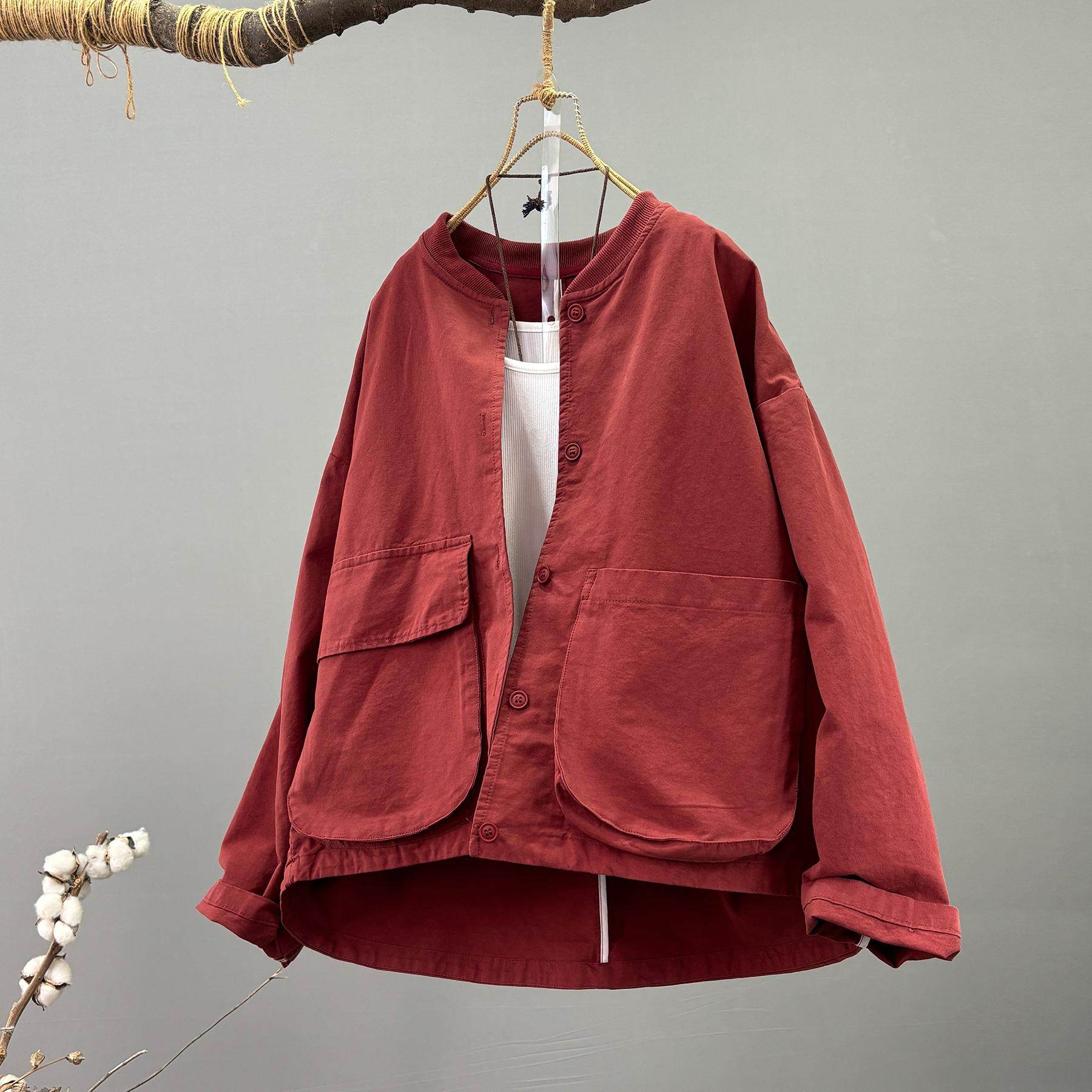 立体大口袋2025春新款单排扣夹克休闲纯色外套女复古休闲棉质上衣
