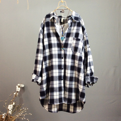 宽松经典格子纯棉中长款衬衫