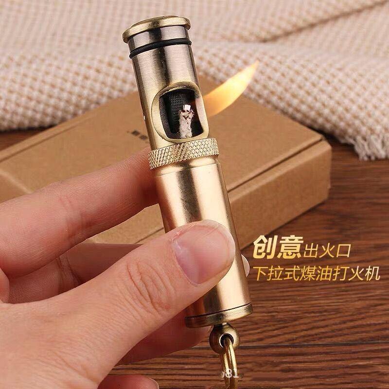 创意原铜防风老式圆柱形砂轮个性打火机海豚战壕打火机