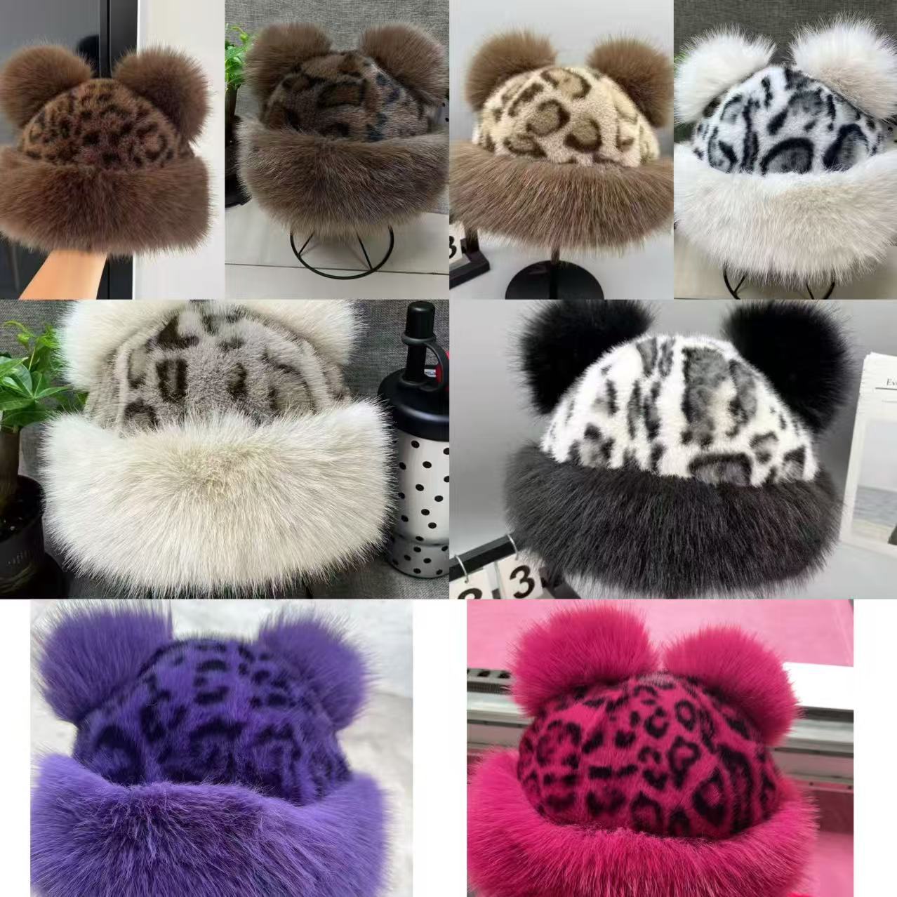 时髦豹纹小熊耳朵蒙古帽冬季仿皮草加厚保暖护耳盆帽仿貂毛渔夫帽