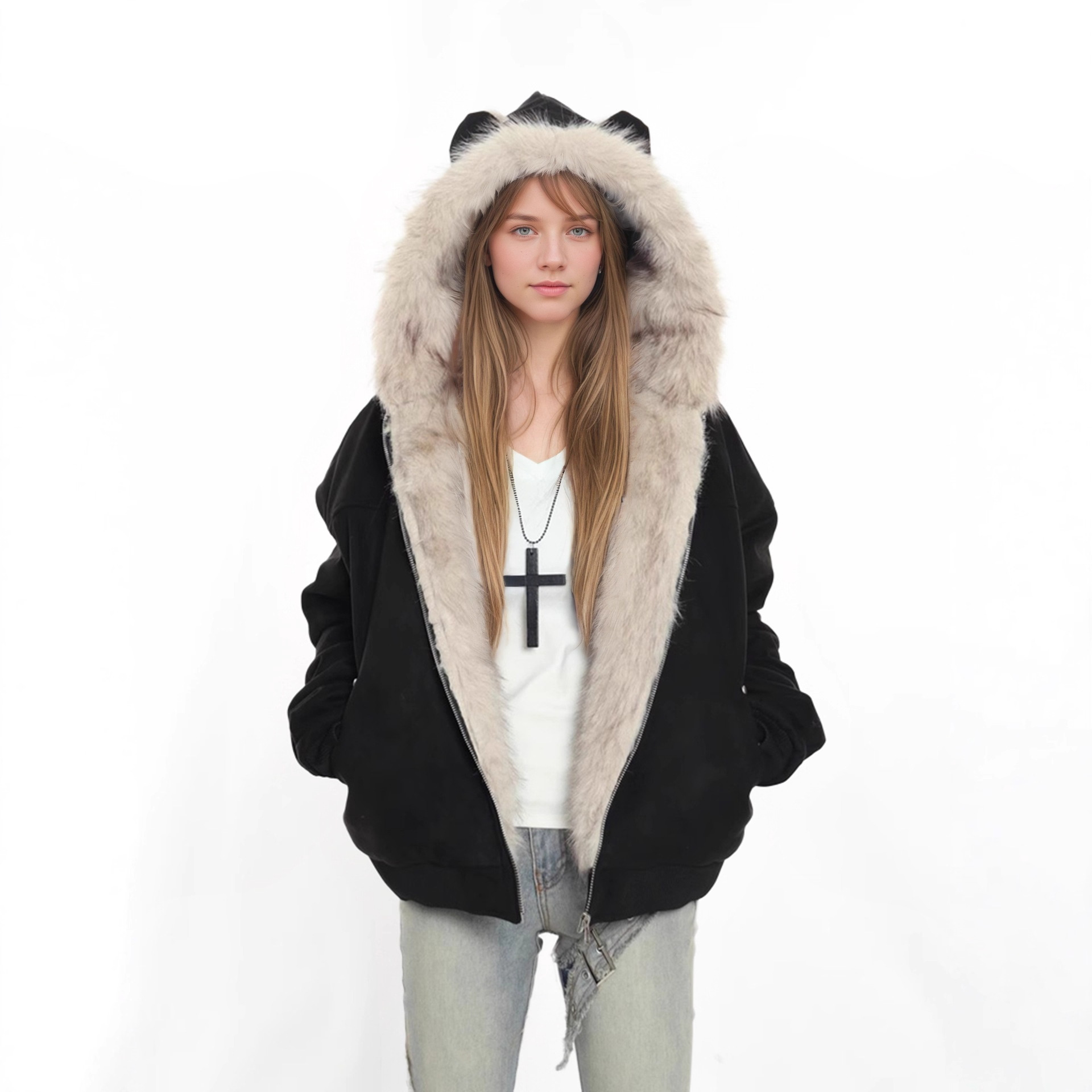 欧美外贸爆款冬季麂皮毛领连帽外套女加厚猫耳朵座山雕棉衣