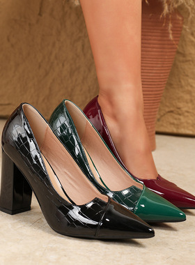 228-5DX外贸高跟鞋浅口外单欧美单鞋女漆皮尖头粗跟大码42-43