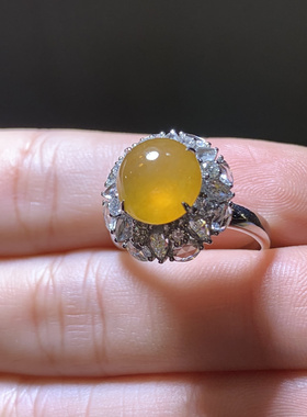 天然缅甸A货翡翠冰种黄翡蛋面戒指18k金镶嵌W449