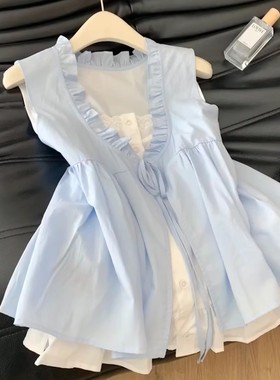 超超超好看韩系假两件休闲百搭上衣女夏季减龄蓝色显白无袖衬衫