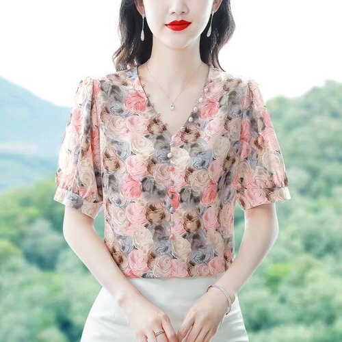 夏季V领印花雪纺衫遮肚显瘦女
