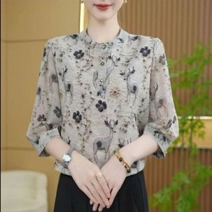 上衣 2025新款 时尚 印花雪纺衫 女士显瘦遮肉轻薄透气百搭小衫