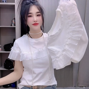 欧洲站2026新款上衣钉珠荷叶边拼接短袖T恤女独特超好看单穿小衫