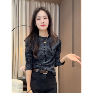 欧货复古植绒晕染长袖打底衫女2025秋季新款小众洋气修身内搭上衣