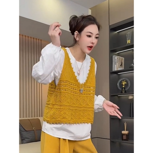 欧货法式镂空钩花叠穿针织马甲女2025秋冬新款洋气宽松两面穿马甲