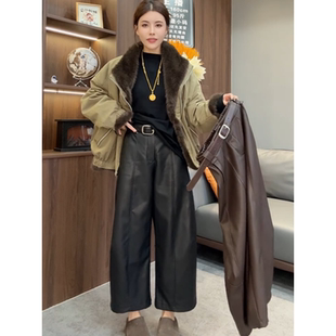 欧货高腰咖色柔软蛋白阔腿皮裤女冬季新款宽松休闲直筒八分弯刀裤
