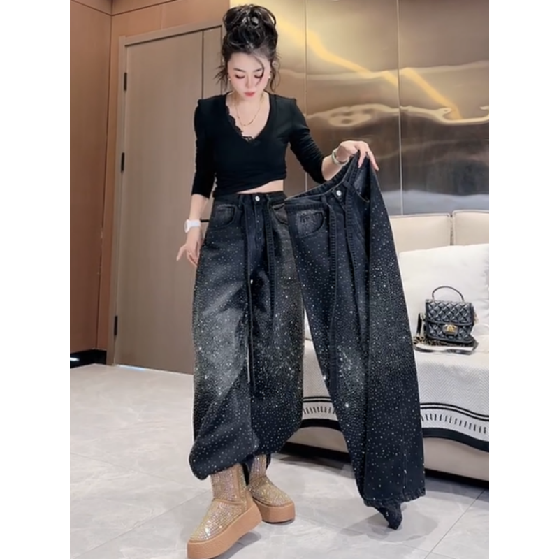 欧货冬季新款美式爆闪烫钻配腰带牛仔裤女时尚加绒高腰阔腿弯刀裤,女装/女士精品,牛仔裤,淘宝优惠券,粉丝福利购,淘宝优惠卷