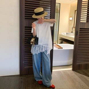 新款 斜边下摆独特别致上衣 T恤女2026夏季 欧货设计感拼接蕾丝短袖