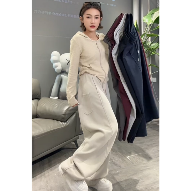 欧货2025秋冬新款小标口袋松紧腰弯刀卫裤女宽松休闲慵懒阔腿长裤