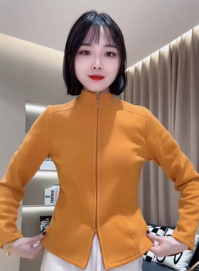欧货冬季新款时尚橙色立领石墨烯加绒保暖短款外套女收腰修身上衣