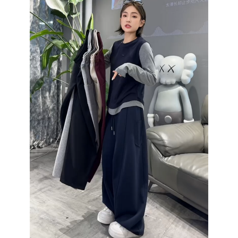 冬季新款加绒保暖高腰抽绳弯刀裤