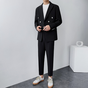 春季双排扣西装男士上衣宽松外套休闲帅气西服黑色DX859-P120