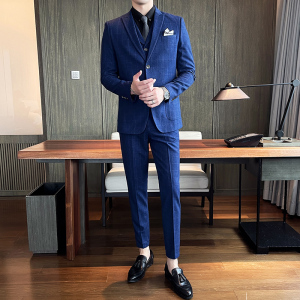 西装套装男高级感格子修身西服三件套商务新郎SJT851-P260图片
