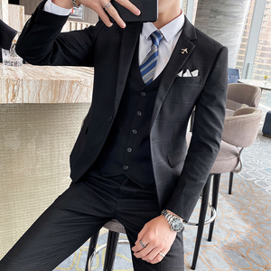 西装男套装三件套新郎结婚礼服格子商务正装职业1012-SJT823图片