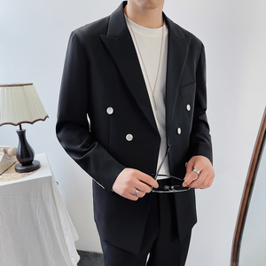 帅气双排扣宽松西服上衣男士海蓝色西装休闲纯色免烫DX859-P120图片