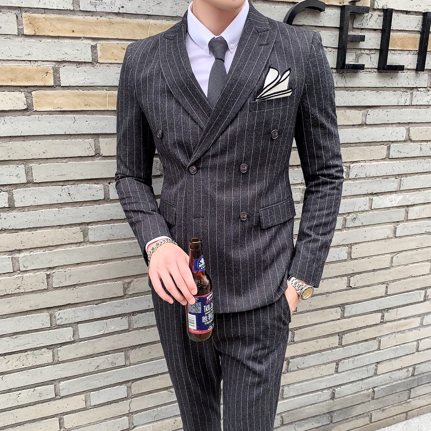 秋冬英伦双排扣条纹男士西服套装正装新郎礼服三件套SJT810-P295,男装西服套装,星座1012