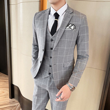格子西装男套装新郎结婚礼服三件套修身西服礼服商务1012-SJT812，男装西服套装，星座1012
