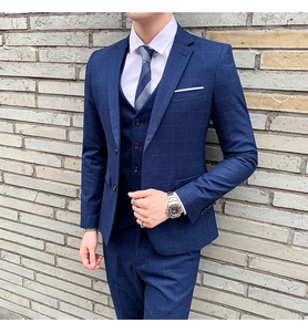 蓝色格子西装男士套装商务绅士三件套西服SJT811-P280图片