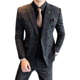 双排扣格子西装套装男三件套修身西服新郎结婚正装礼服SJT864P285，男装西服套装，星座1012