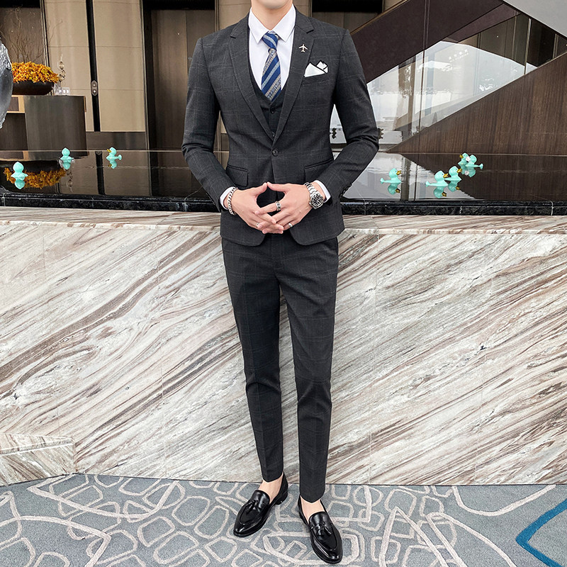 秋冬格子男西服套装修身休闲西装三件套结婚礼服商务SJT823-P280,男装西服套装,星座1012