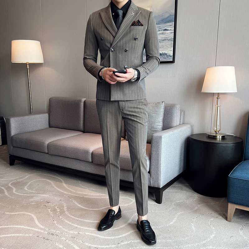 秋冬加厚款西装套装男条纹西服三件套双开叉礼服商务SJT866-P285,男装西服套装,星座1012