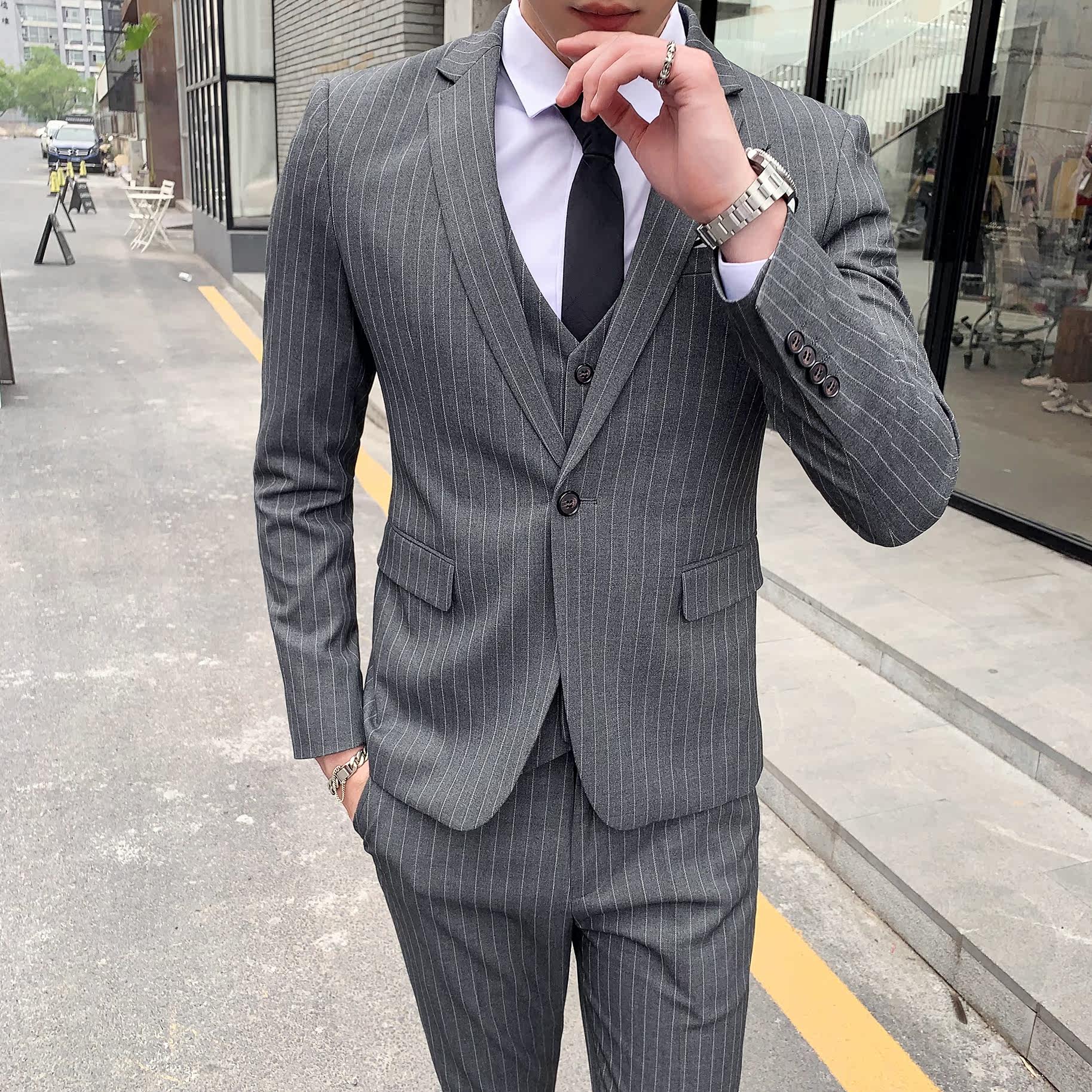 秋冬新款条纹西装男套装三件套主持人商务西服SJT813-P270,男装西服套装,星座1012