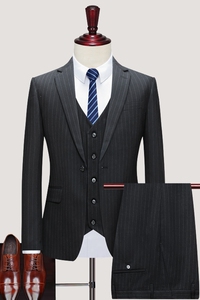 条纹修身西装男套装三件套新郎结婚礼服英伦风精致韩风抗皱西服潮图片