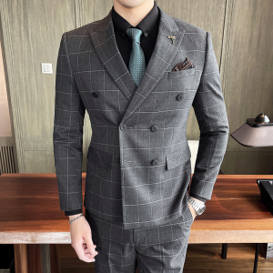 21秋冬韩版双排扣格子西服套装男结婚礼服英伦西装SJT864-P285图片