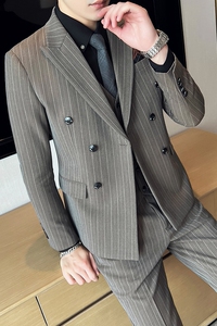 秋冬加厚款西装套装男条纹西服三件套双开叉礼服商务SJT866-P285图片