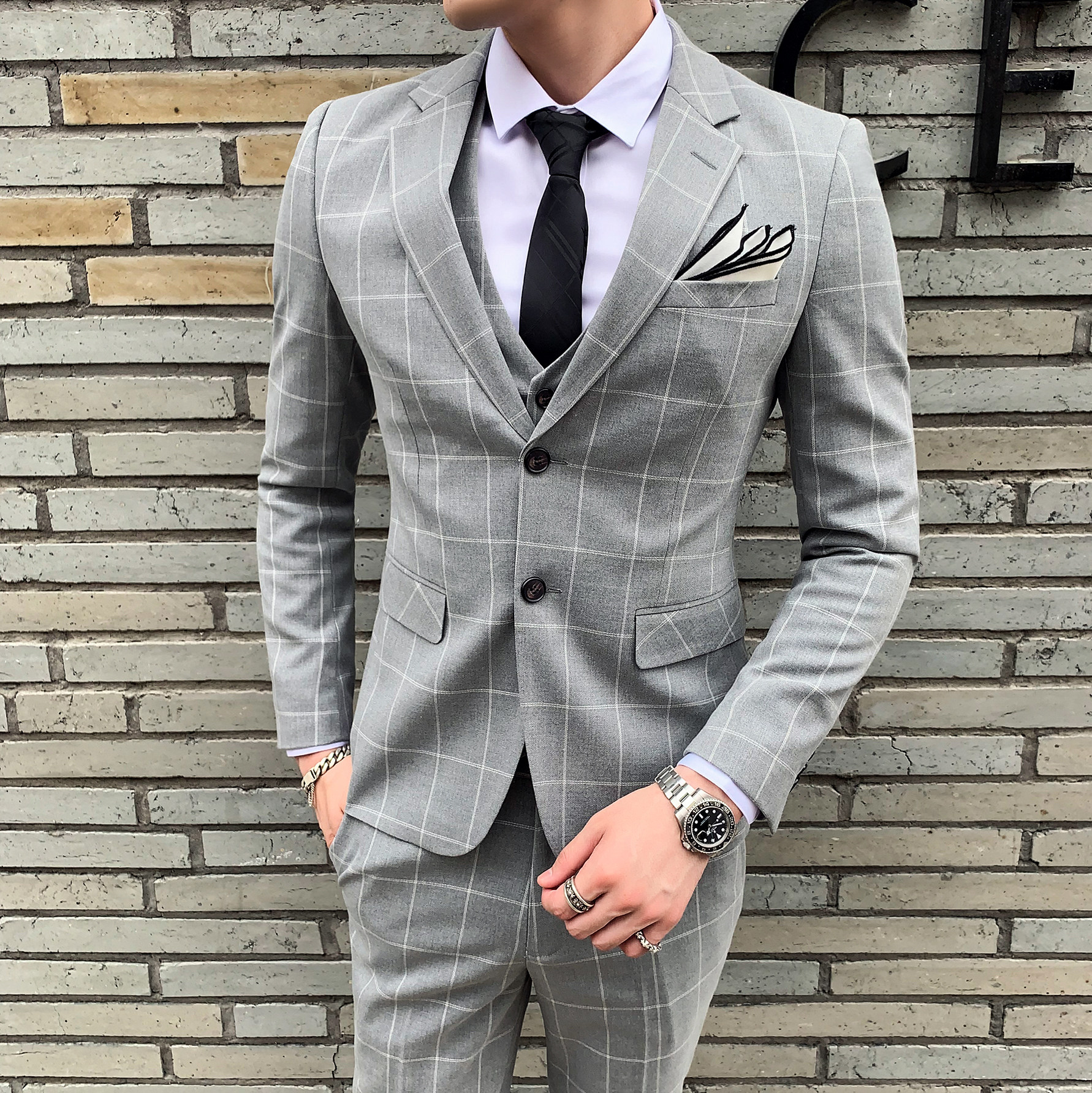 新款格子西服套装男士修身英伦西装三件套职业装礼服SJT812-P280,男装西服套装,星座1012