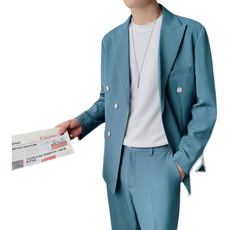 帅气双排扣宽松西服上衣男士海蓝色西装休闲纯色免烫DX859-P120,男装西服套装,星座1012