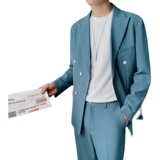 帅气双排扣宽松西服上衣男士海蓝色西装休闲纯色免烫DX859-P120，男装西服套装，星座1012